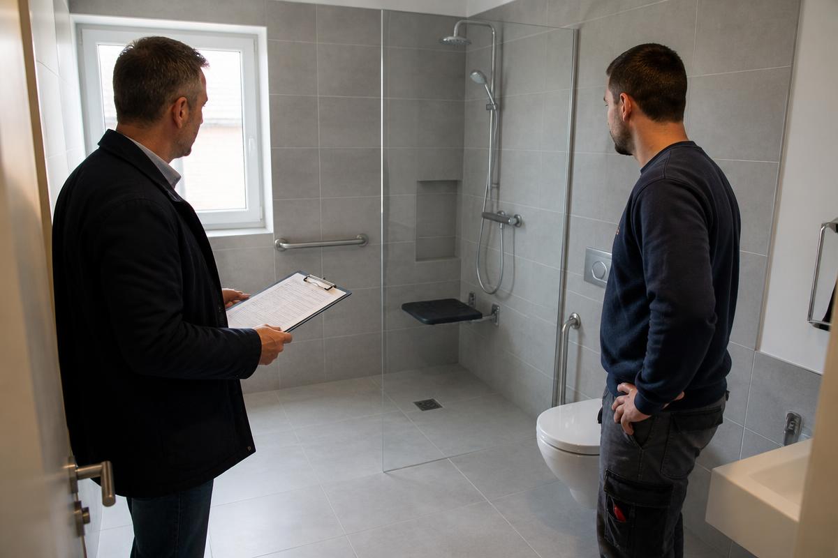 Bauleiter und Techniker des Vermieters bei der gemeinsamen Abnahme im fertigen barrierefreien Bad, Protokoll auf dem Klemmbrett.